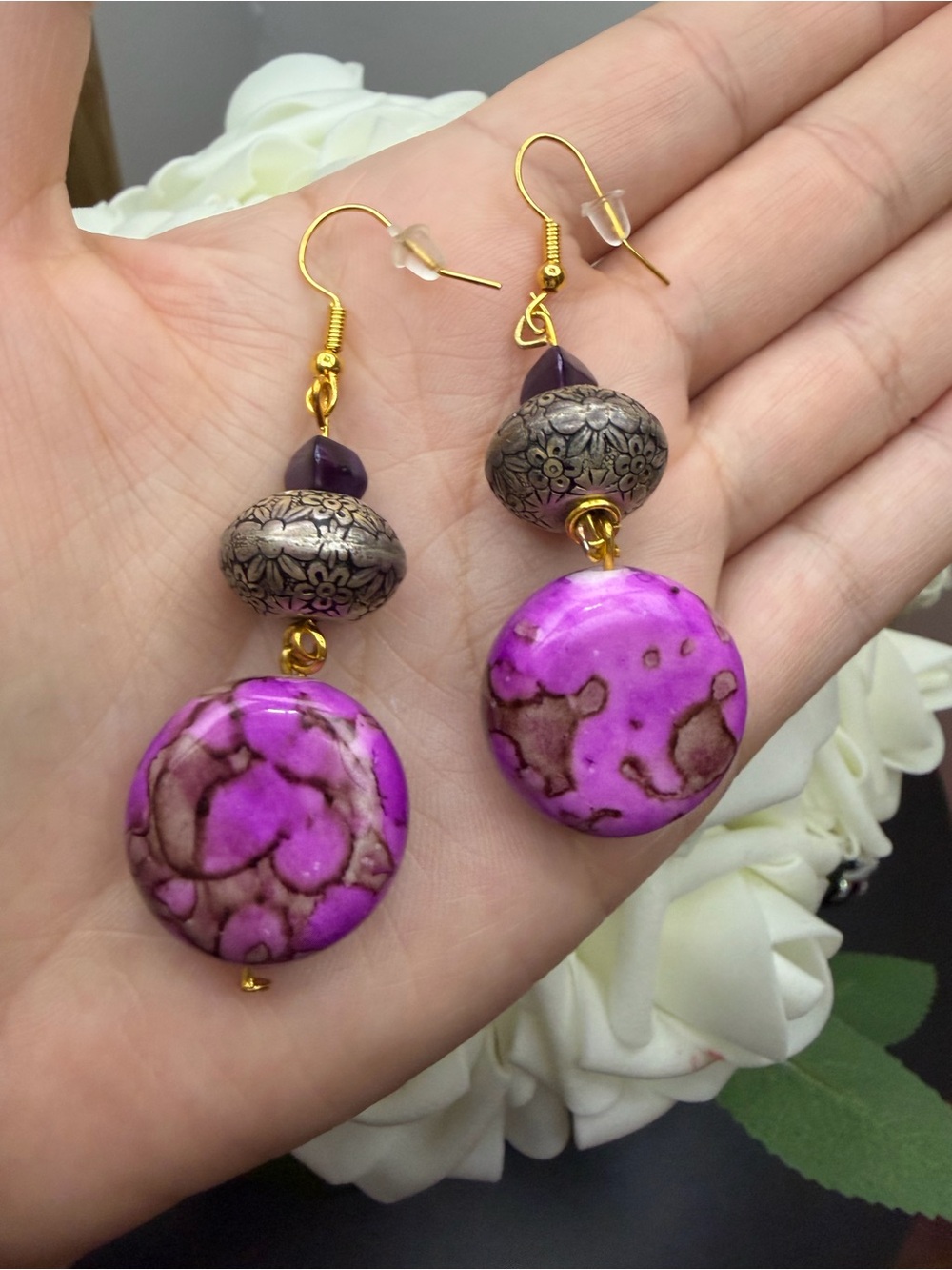Purple Stone Drop Earrings with Decorative Metal Accents